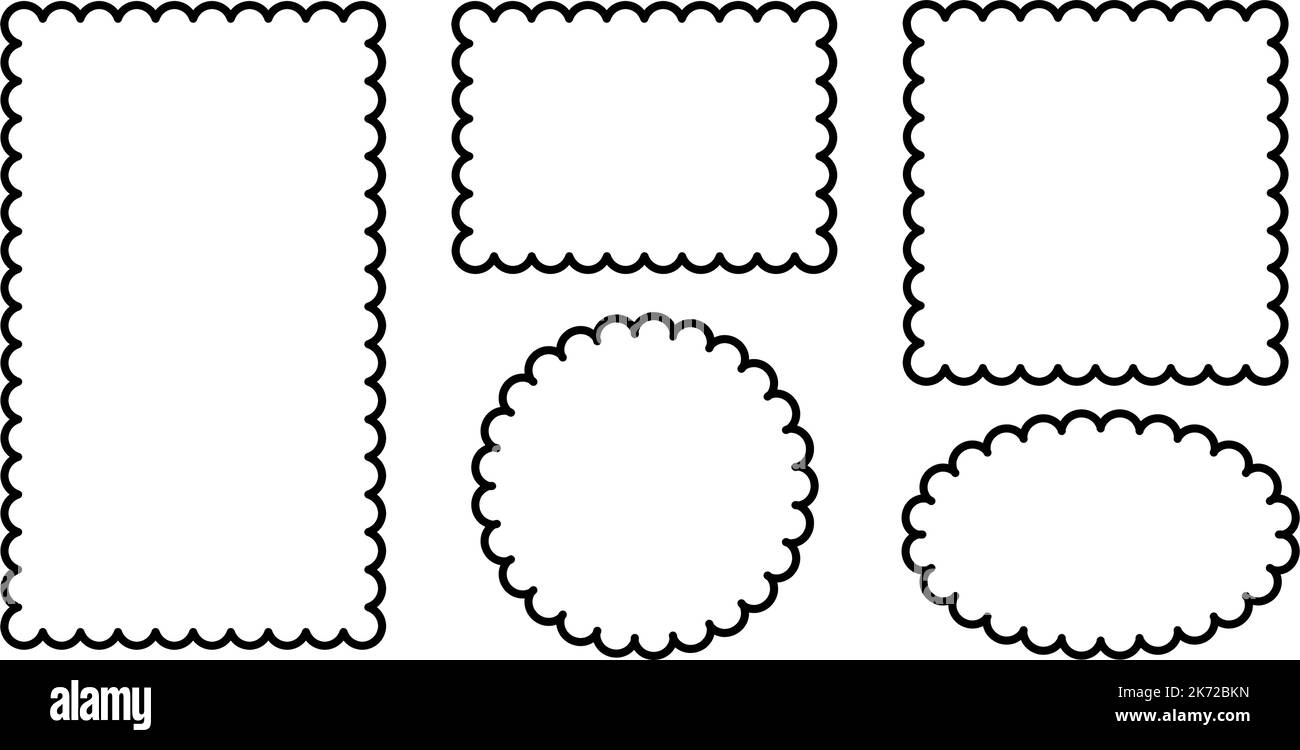 Cornici quadrate e quadrate smerlate. Forme rettangolari e ellittiche con bordi scalati. Semplice forma di etichetta e adesivo. Cornice in pizzo con silhouette floreale. Vettore Illustrazione Vettoriale