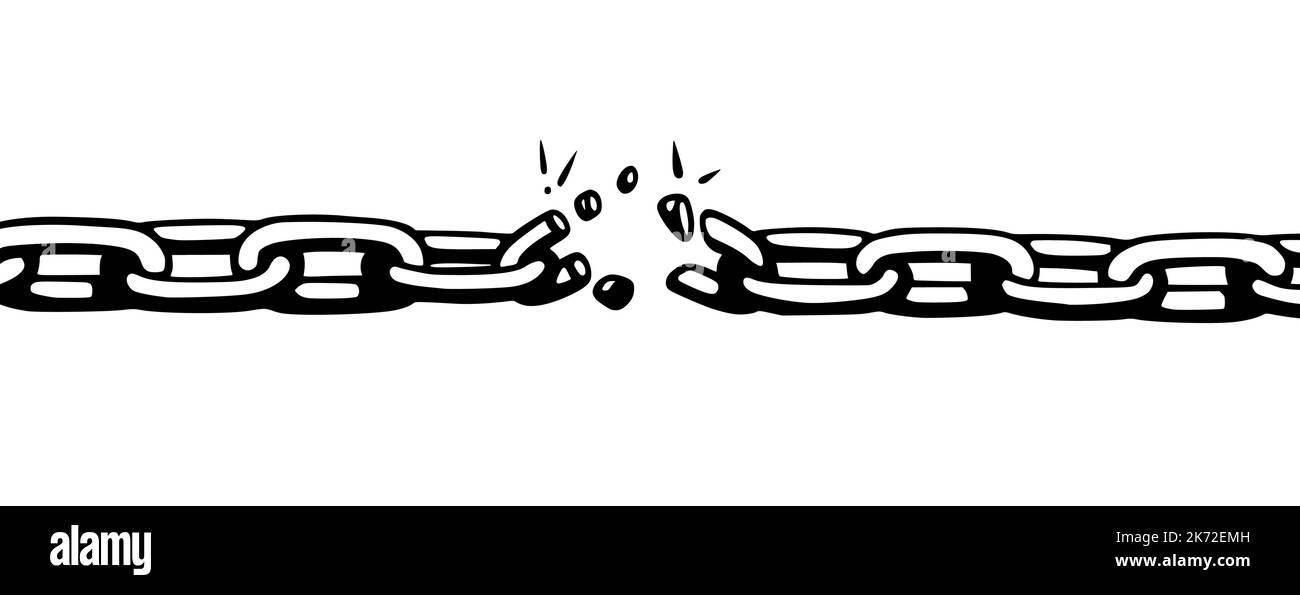 Catena spezzata con frantumazioni come simbolo di forza e libertà. Schizzo delle catene metalliche. Illustrazione vettoriale isolata su sfondo bianco Illustrazione Vettoriale