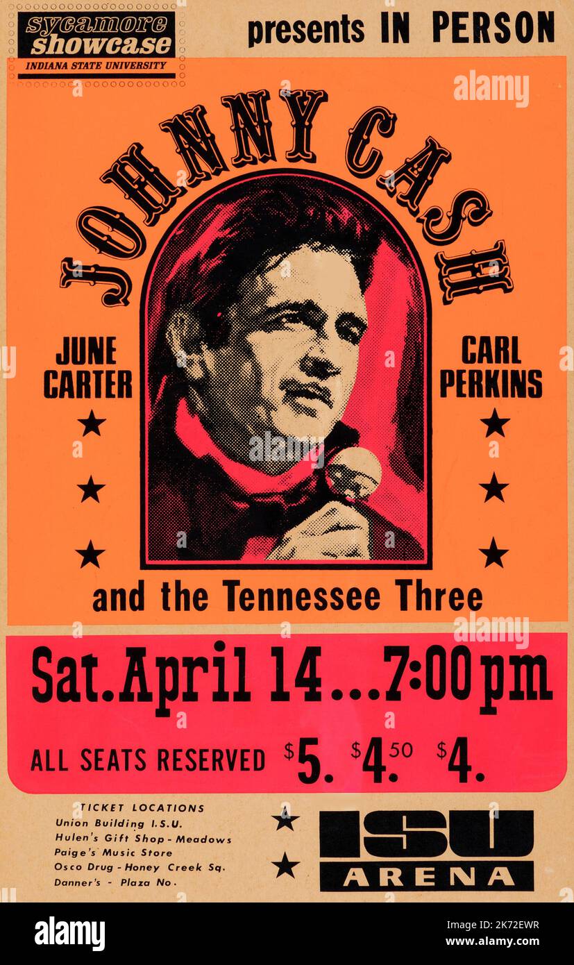 Johnny Cash, June carter, Carl Perkins - Poster del Concerto dell'Indiana state University del 1973 Foto Stock