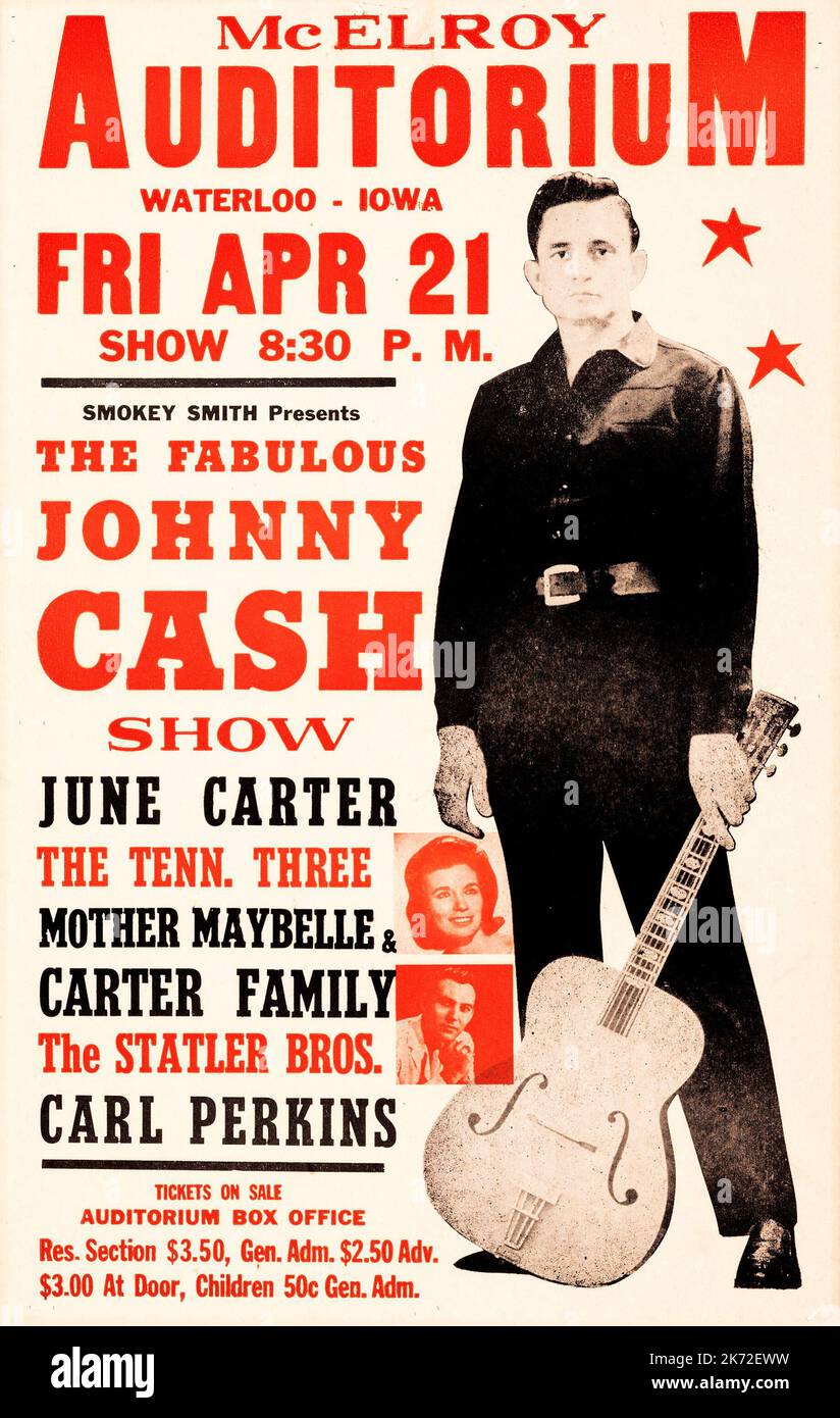 Johnny Cash, June carter, Carl Perkins 1967 Waterloo, IA Concert Poster alt Foto Stock