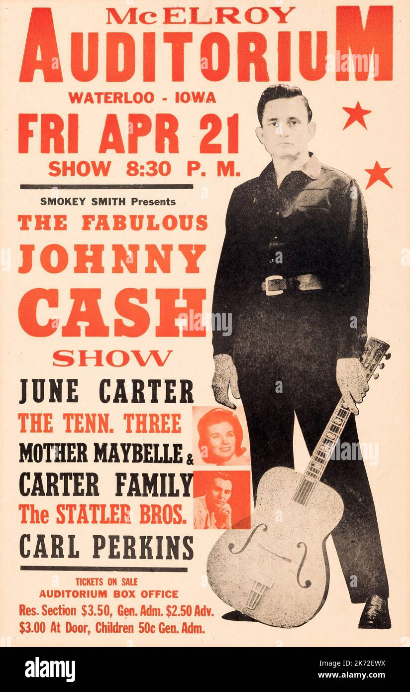 Johnny Cash, June carter, Carl Perkins 1967 Waterloo, IA Concert Poster Foto Stock