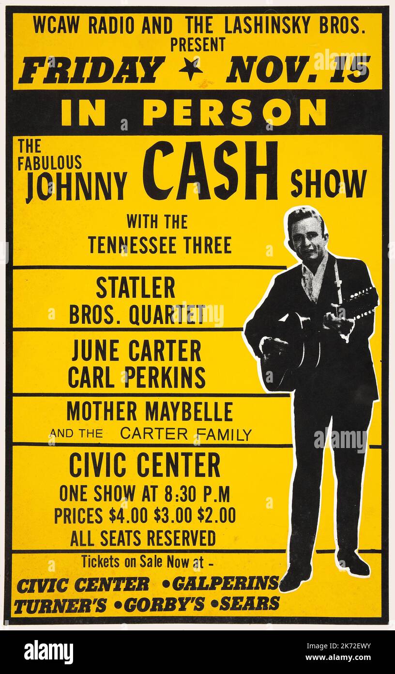 Johnny Cash, June carter, Carl Perkins 1968 Charleston, WCAW radio - Poster da concerto Foto Stock