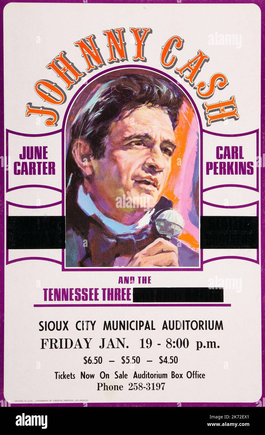 Johnny Cash, June carter, Carl Perkins Sioux City Concert Poster (1968) Foto Stock