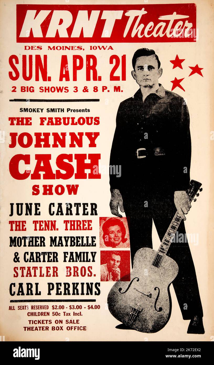 Johnny Cash, June Carter, Carl Perkins 1968 Des Moines, IA Concert poster. Una vetrina di cartone che pubblicizza "The Fabulous Johnny Cash Show" che appare al KRNT Theater di Des Moines. Foto Stock