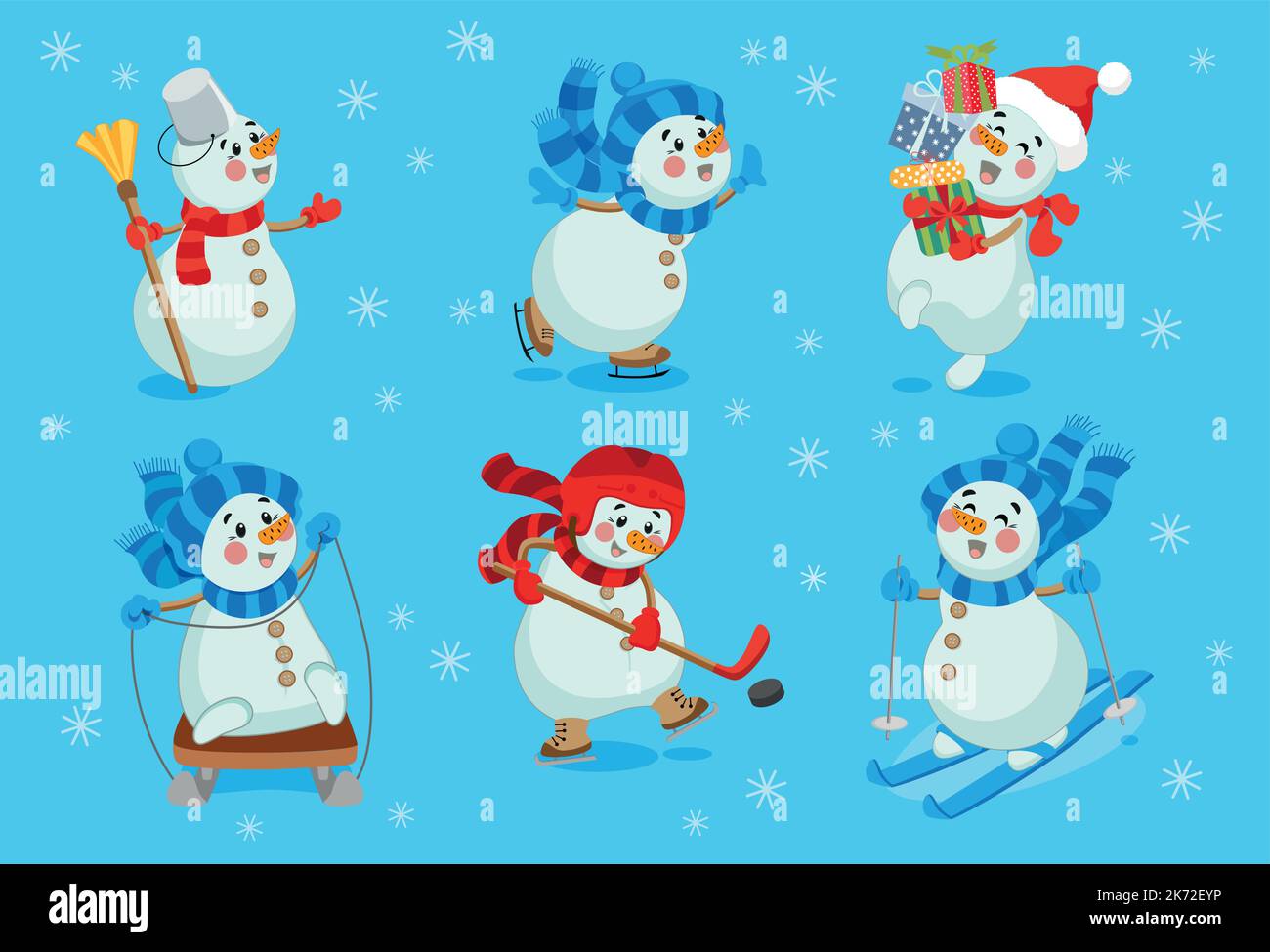 Set di carini pupazzi di neve natalizi in cappelli, sciarpe. Personaggi carini, sport invernali Illustrazione Vettoriale
