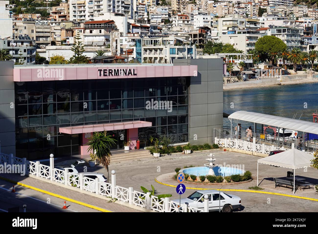 Zona di controllo delle frontiere, Terminal, Saranda, Repubblica di Albania Foto Stock
