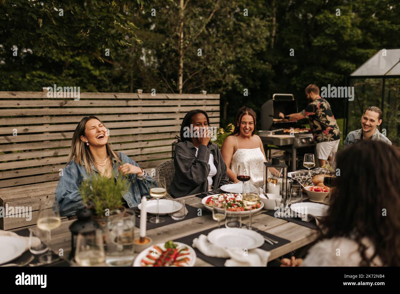 Friends having meal in garden Foto Stock