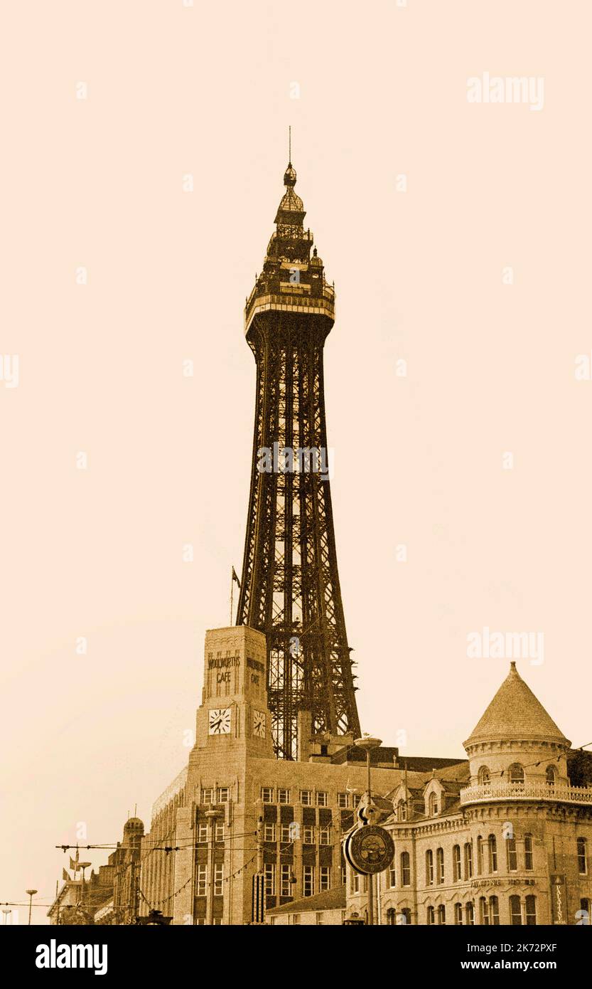 Torre Blackpool vintage, 1968, Sepia Foto Stock