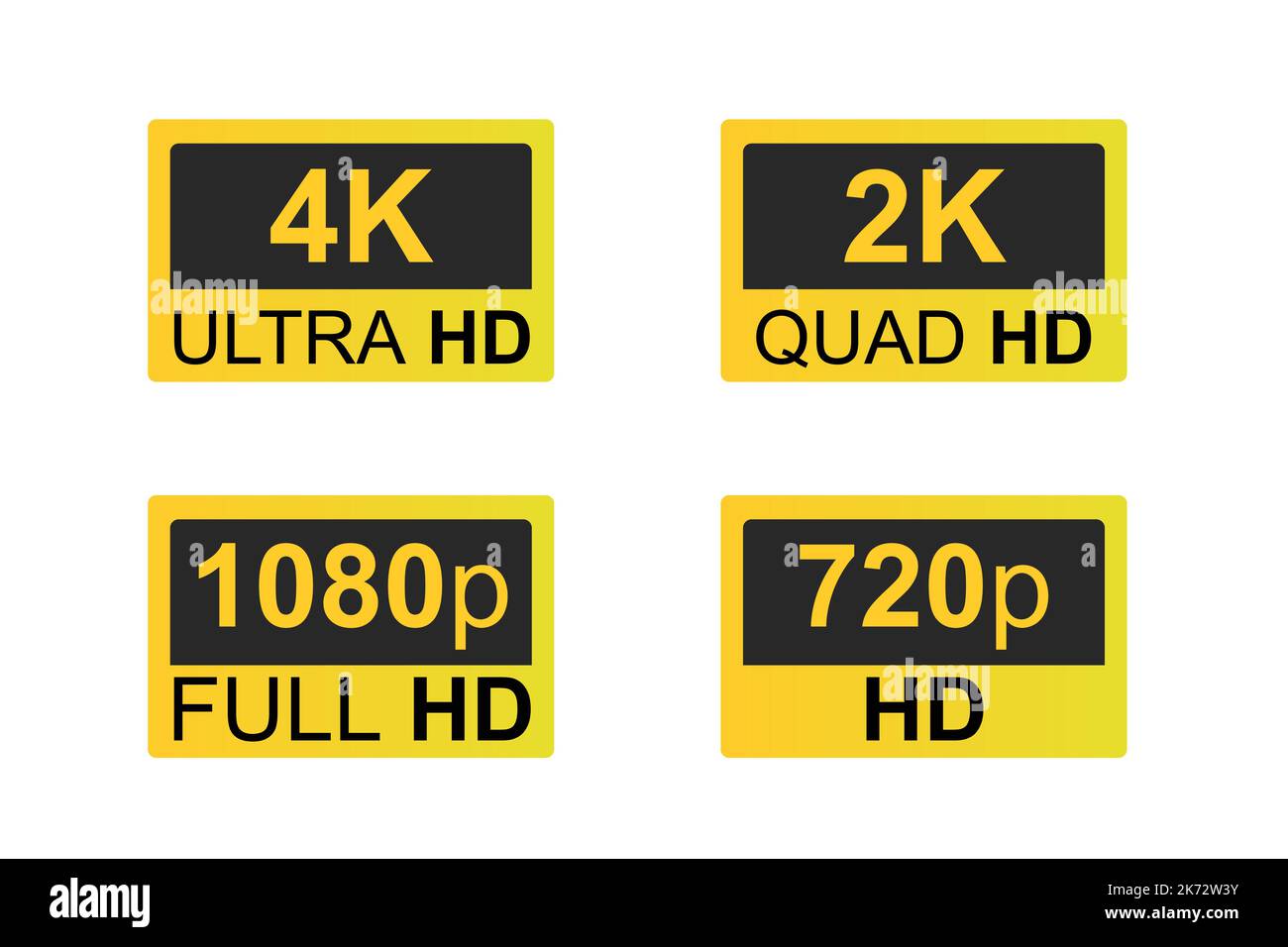 Risoluzione dello schermo icone dorate, risoluzione 4K Ultra HD, 2k Quad HD, Full HD 1080p e HD 720p. Illustrazione Vettoriale