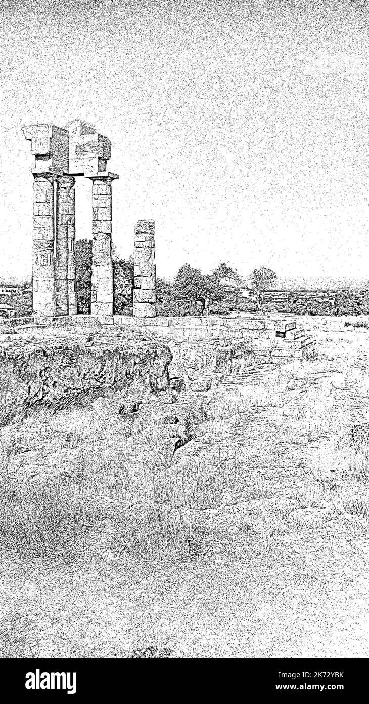 L'Acropoli di un'antica Rodi, Grecia. Tempio di Apollo. Antiche colonne greche rovinate sulla montagna Monte Smith. Disegno monocromatico digitale Foto Stock
