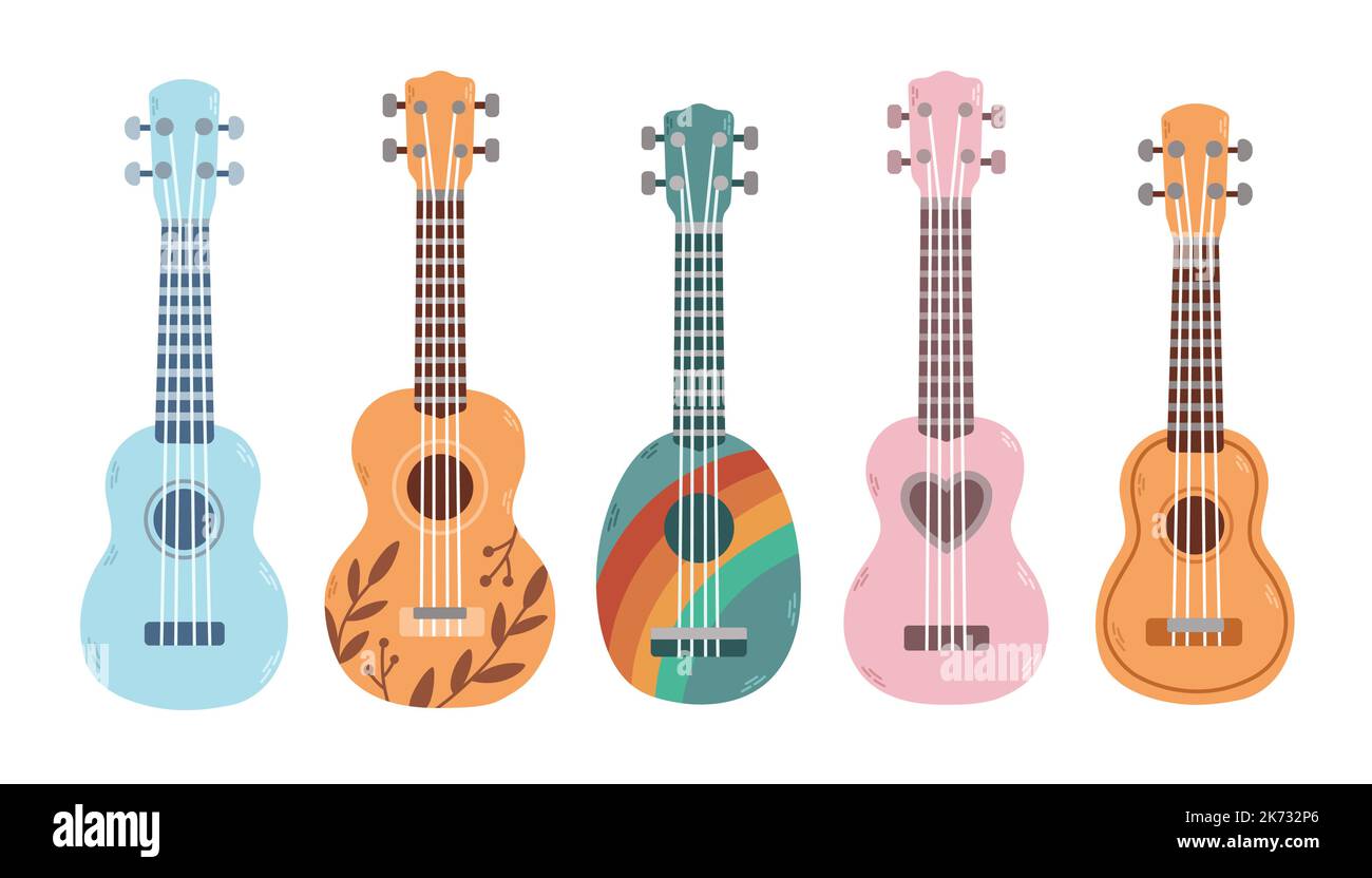 Set di ukulele in diversi colori e dimensioni. Strumento musicale popolare. Illustrazione Vettoriale