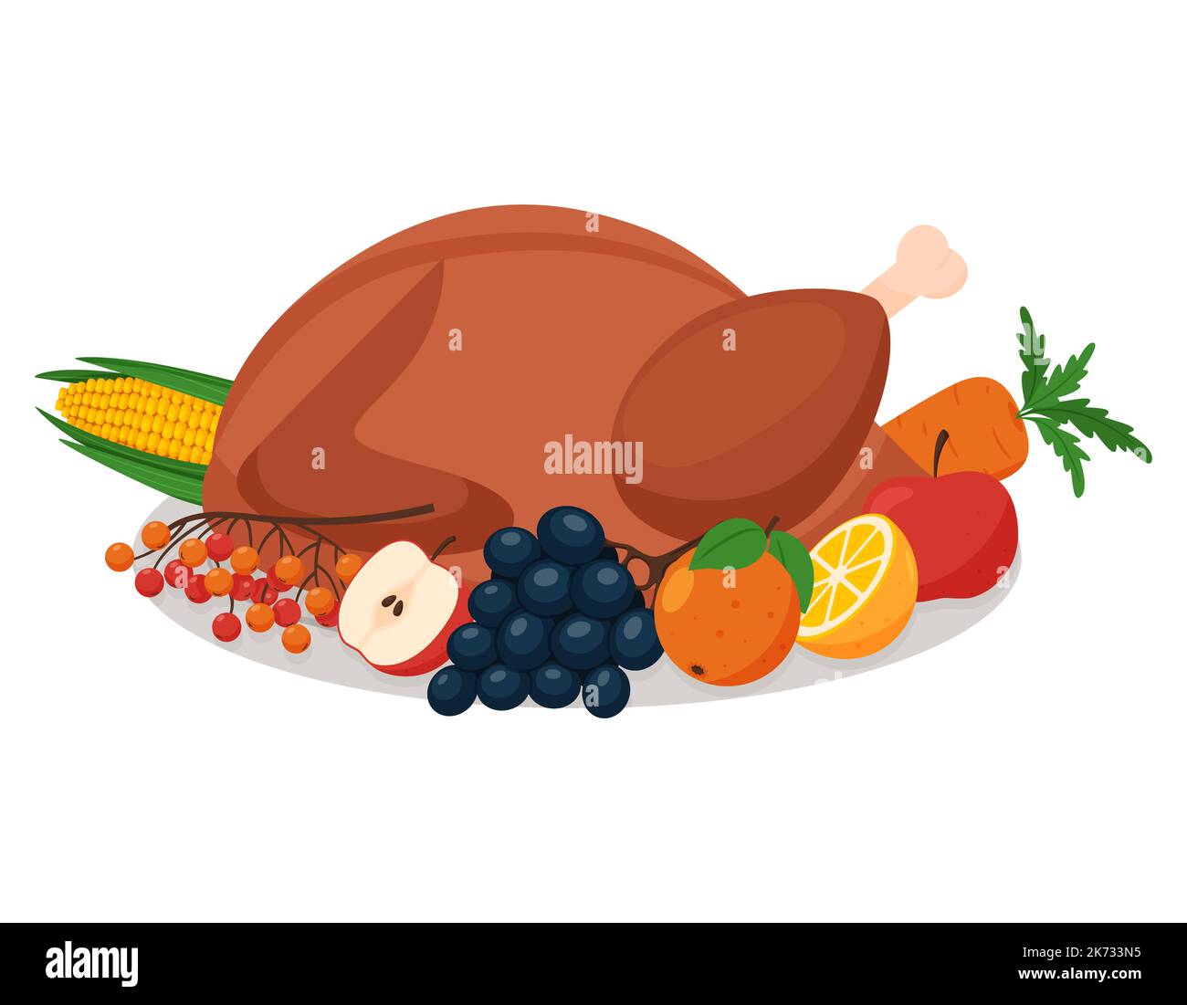 Arrosto di tacchino o pollo su un piatto, decorato con frutta e verdura. Il simbolo del Ringraziamento. Piatto di carne alla griglia. Illustrazione vettoriale Illustrazione Vettoriale