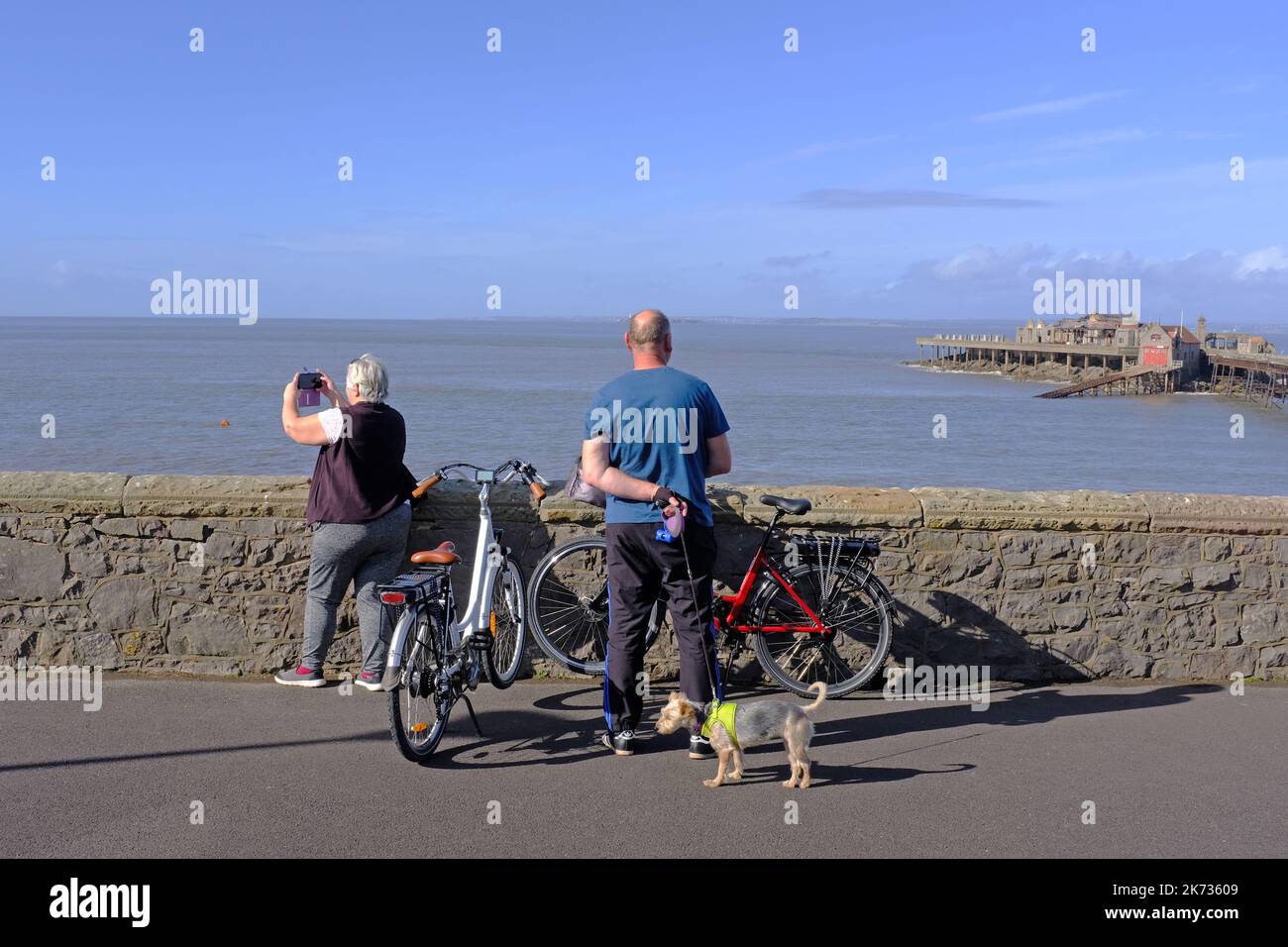 Due persone anziane con biciclette e un cane, sul mare. Foto Stock