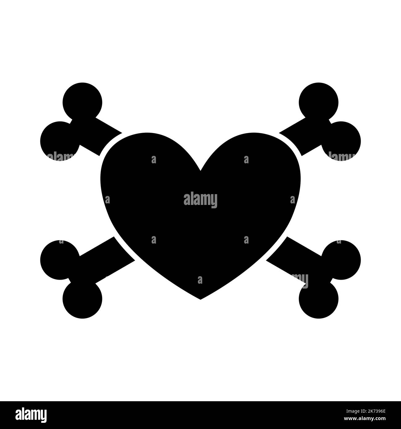 Cuore nero piatto vettoriale con ossa incrociate Illustrazione Vettoriale