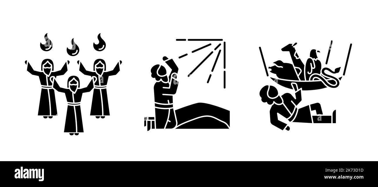 Storie bibliche icone glyph nero impostato su spazio bianco Illustrazione Vettoriale