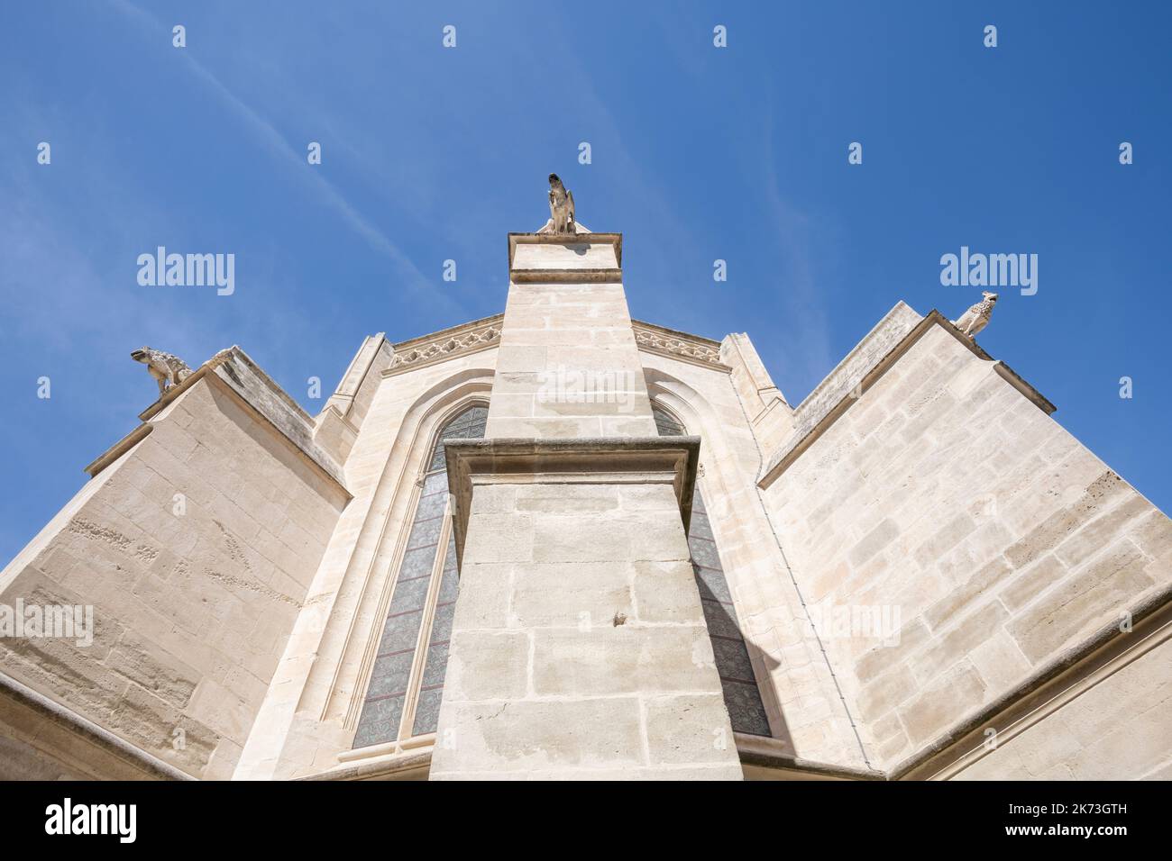 Facciata con gargoyles della Collegiata di Notre-Dame-des-Anges, precedentemente chiamata la Basilica di Saint-Laurent, a l'Isle-sur-la-Sorgue. Francia Foto Stock