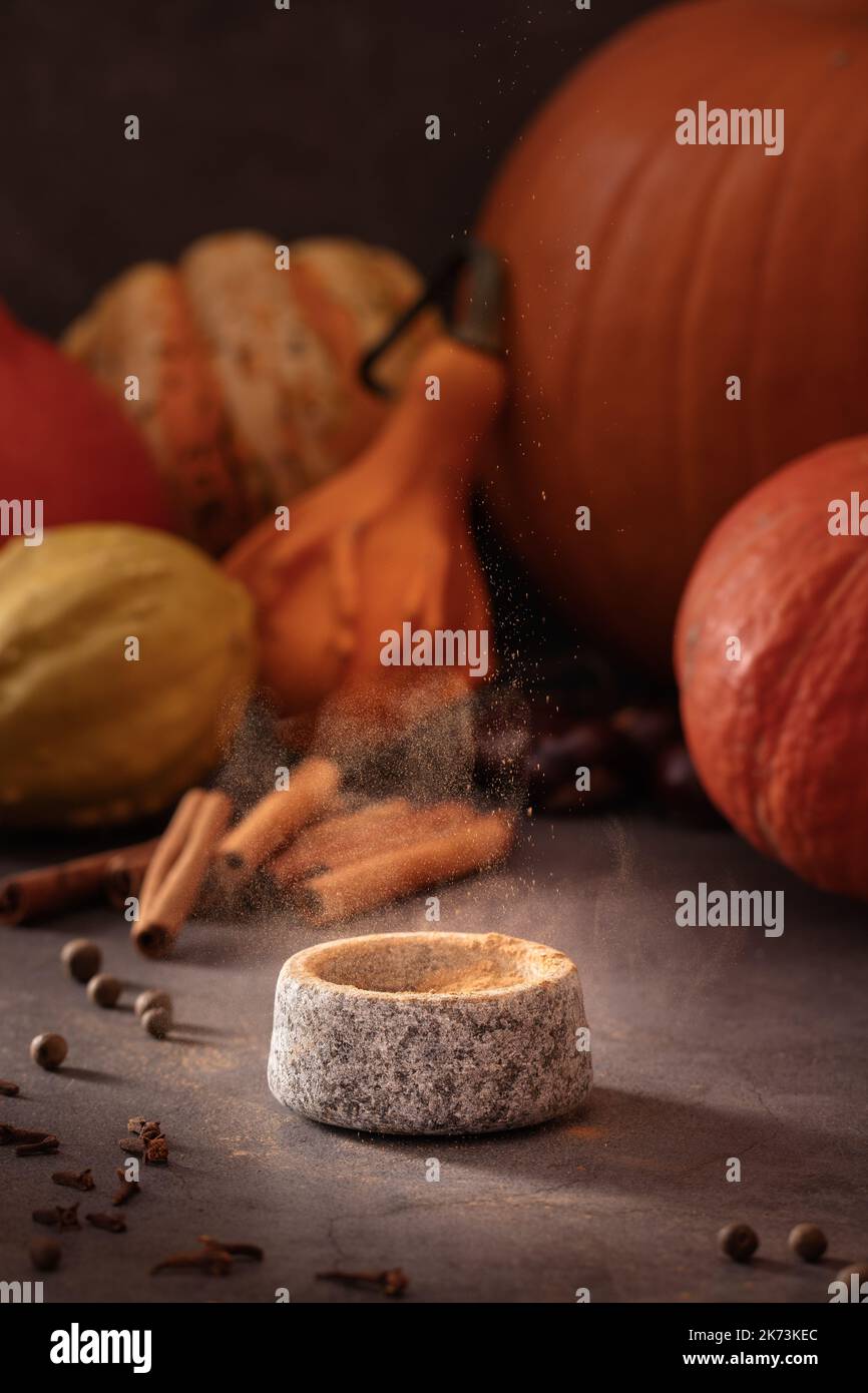 Preparazione di zucca spezia fatta in casa da zero su sfondo scuro e retroilluminazione moody Foto Stock