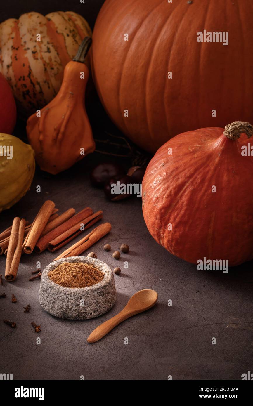 Preparazione di zucca spezia fatta in casa da zero su sfondo scuro e retroilluminazione moody Foto Stock