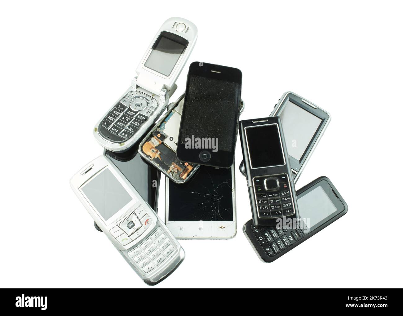 Vecchio e obsoleto cellulare isolato su sfondo bianco. Foto Stock
