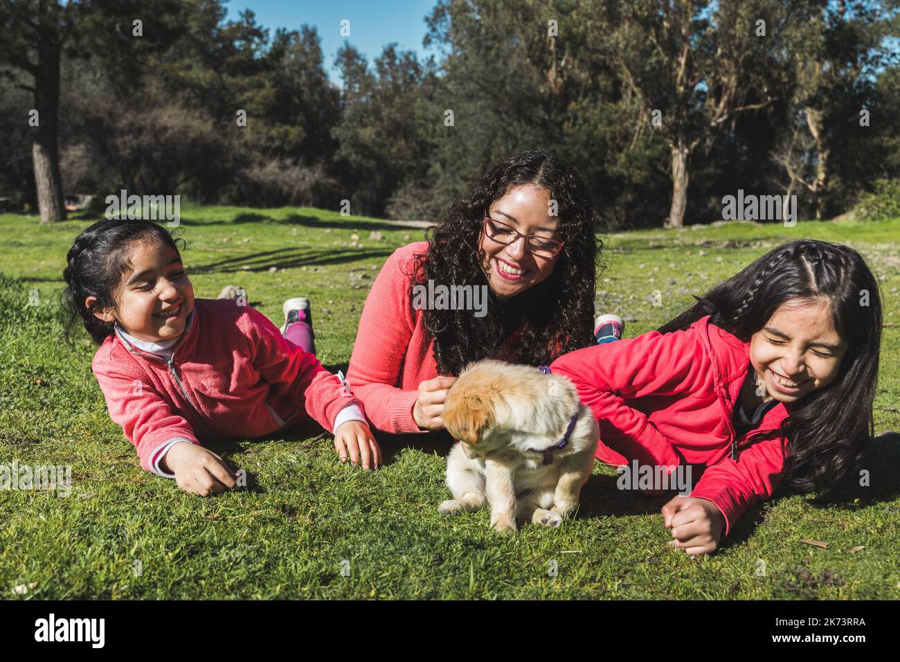 Giovane donna con le sue due figlie, sdraiata sull'erba e giocando con un cucciolo di recupero d'oro nel parco Foto Stock