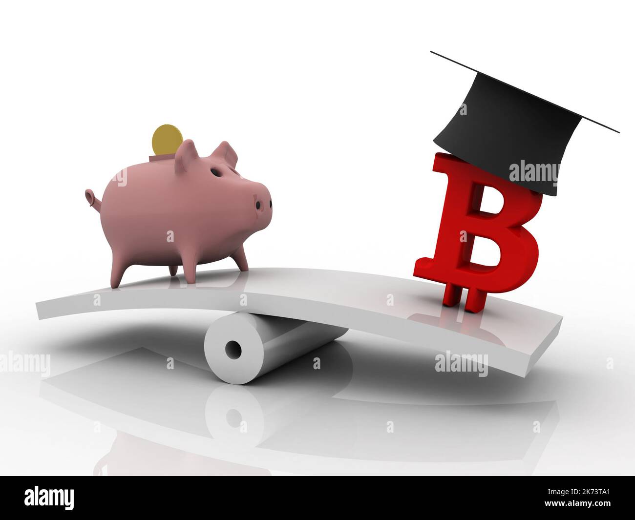 3d illustrazione tappo graduato sul segno bitcoin bilanciamento piggy bank Foto Stock