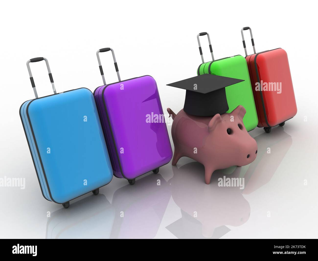 3D rendering tappo graduato su Piggy Bank con borsa da viaggio Foto Stock