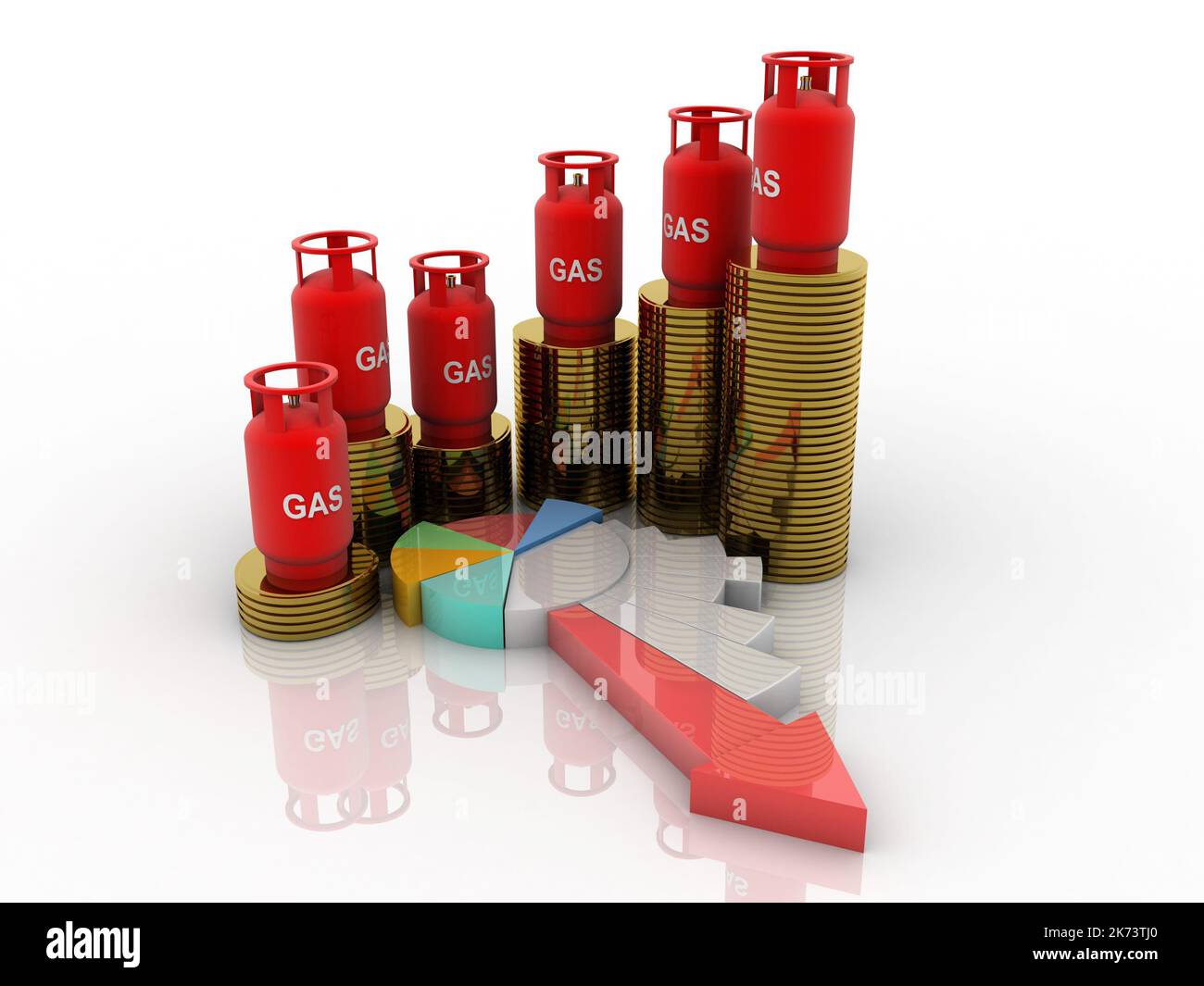 3D rappresentazione della bombola di gas su moneta d'oro e grafico Foto Stock