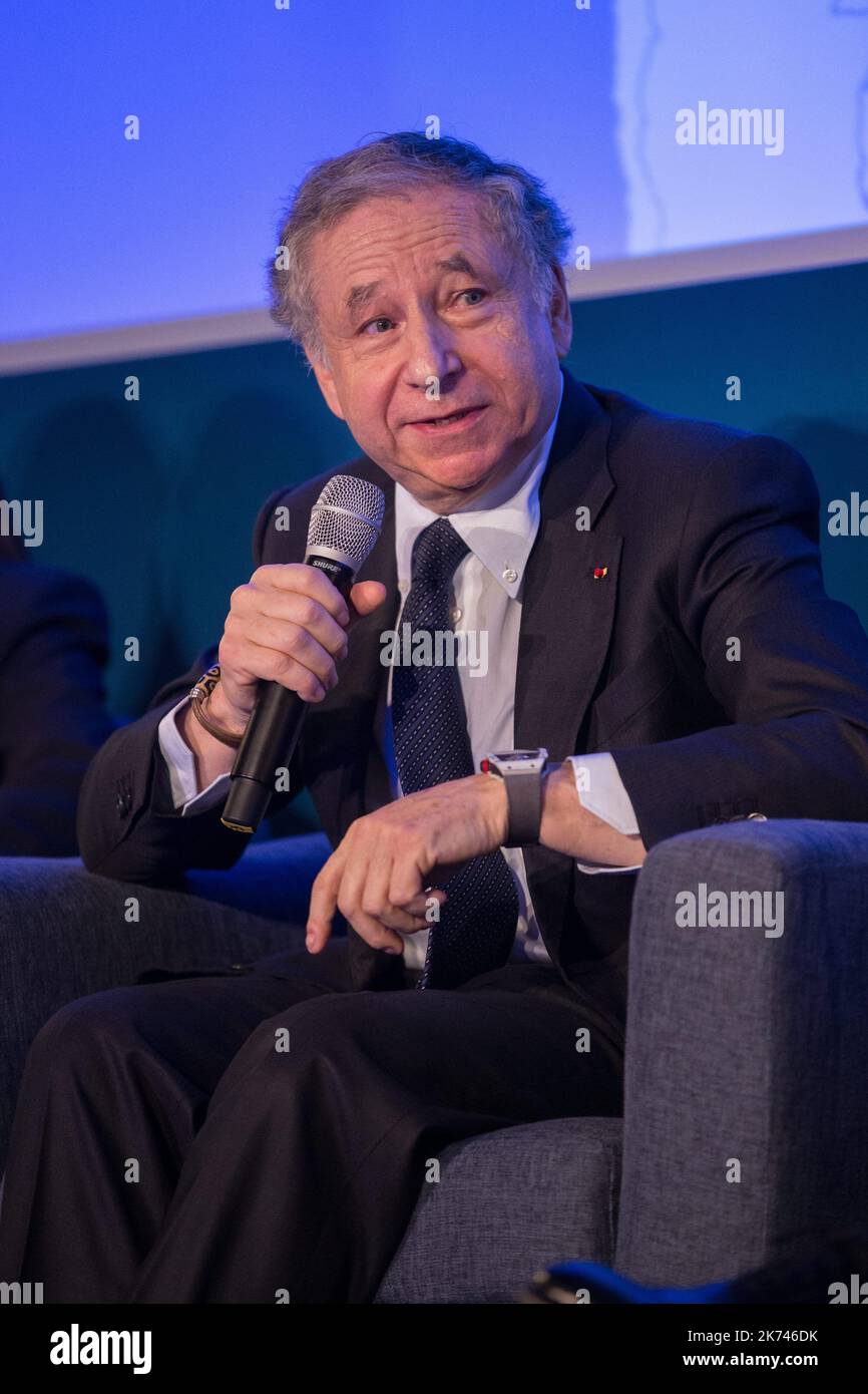 Il Presidente della FIA (Federazione Internazionale dell'Automobile) Jean Todt, terrà una conferenza stampa per lanciare una campagna di sicurezza stradale, presso la sede della FIA a Parigi, il 10 marzo 2017. Foto Stock