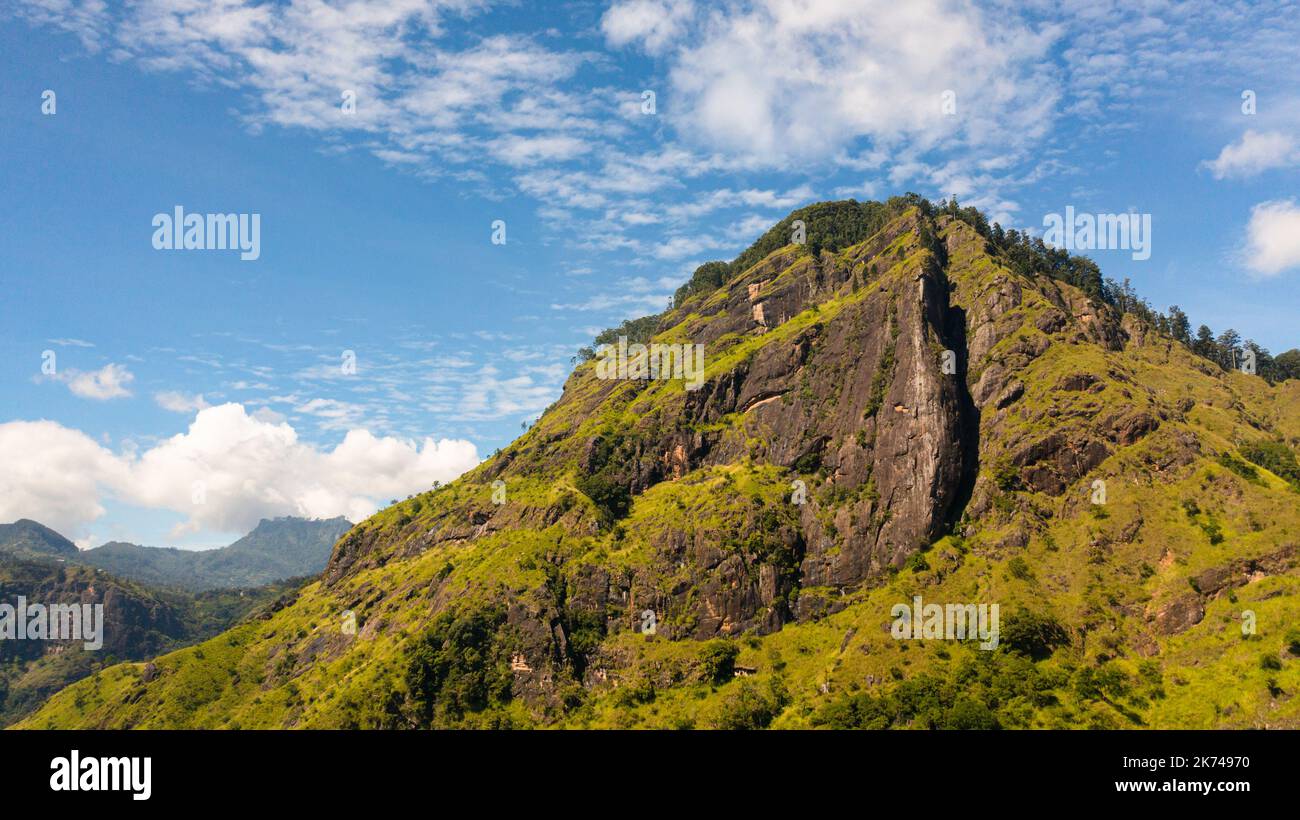 Veduta aerea della montagna con vegetazione tropicale e alberi sullo sfondo di cielo blu e nuvole. Paesaggio di montagna in Sri Lanka. Foto Stock