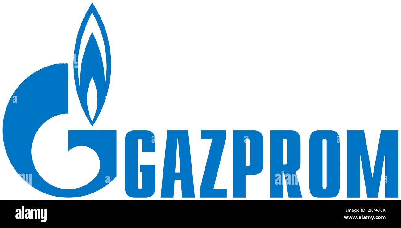 Logo aziendale della società energetica russa Gazprom in caratteri latini con sede a San Pietroburgo - Russia. Foto Stock