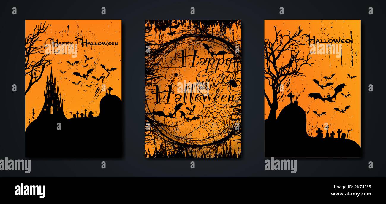 Festa di Halloween, carte da gioco sfondo scuro arancione scuro spettrale, silhouette di personaggi e paperi pazzo con castello fantasma gotico, concetto di tema horror Illustrazione Vettoriale