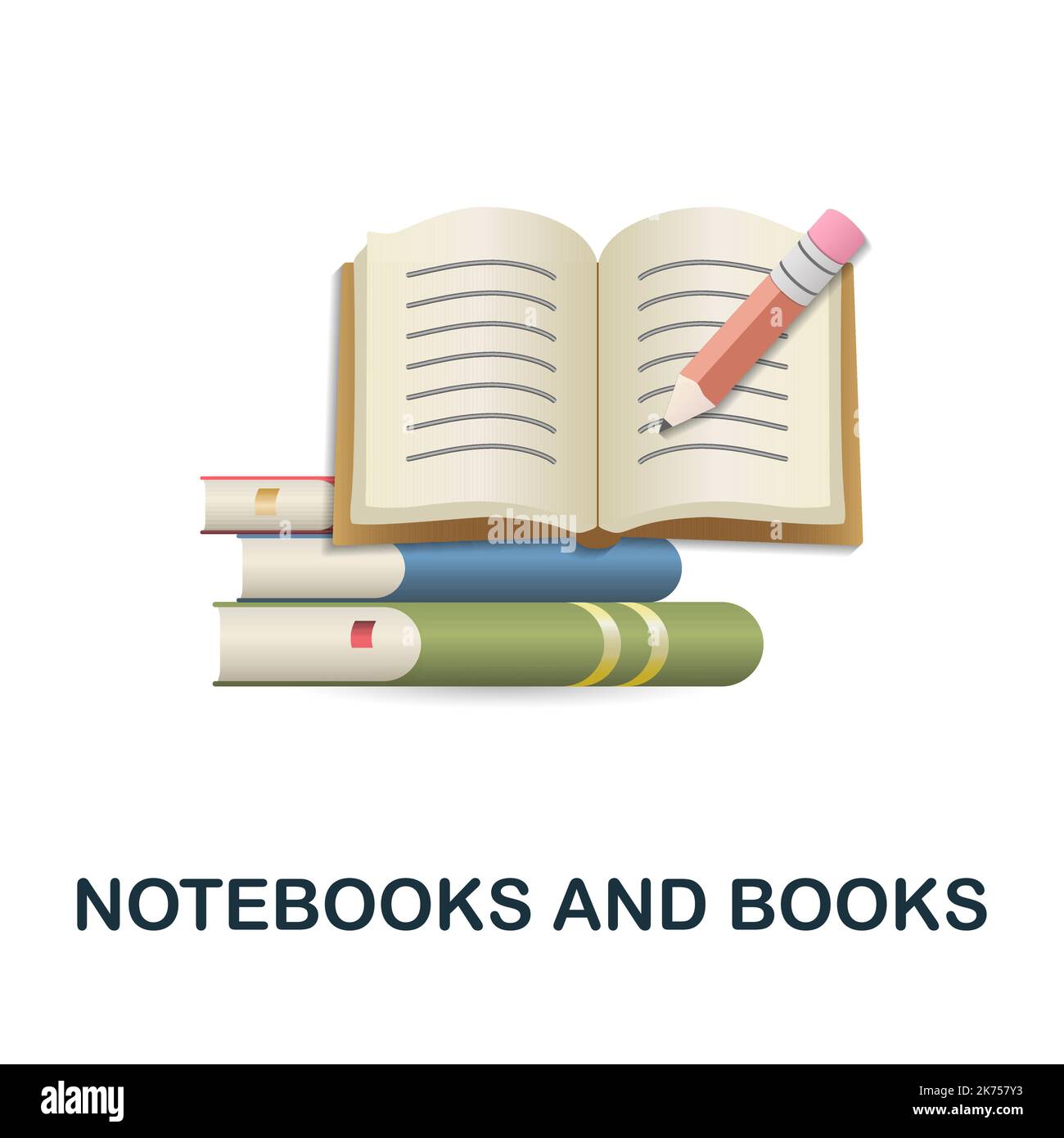 Icona notebook e libri. 3d illustrazione dalla collezione di ritorno a scuola. Creative notebook e libri 3D icona per web design, modelli, infografiche Illustrazione Vettoriale