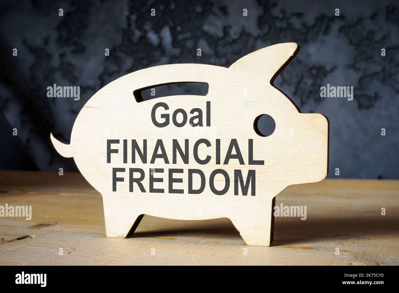 Piggy banca in legno con iscrizione obiettivo di libertà finanziaria. Foto Stock