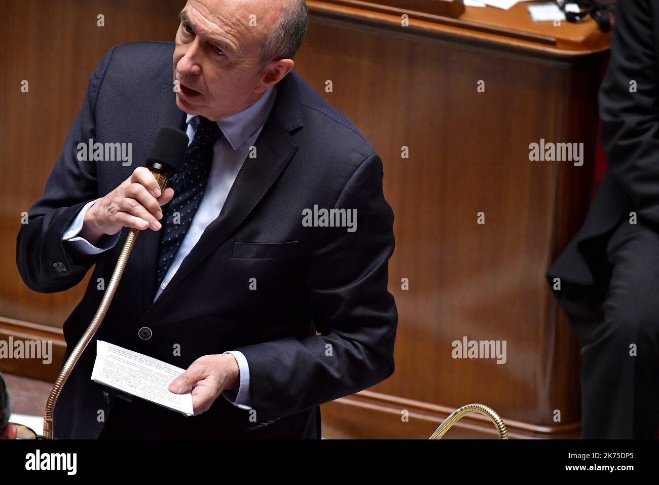 Il Ministro degli interni francese Gerard Collomb durante le interrogazioni settimanali al governo durante l'assemblea nazionale del 27 marzo 2018. Foto Stock