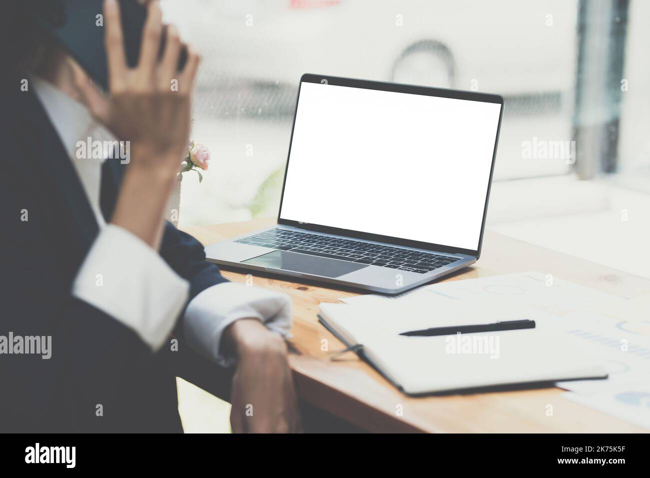 Donna d'affari o contabile che effettua il controllo di lavoro. Finanza e concetto di contabilità Foto Stock