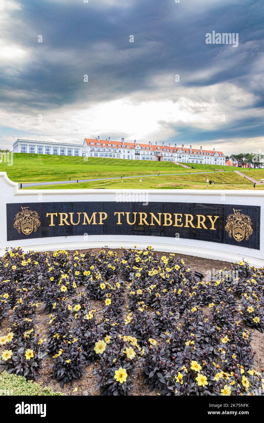 Trump Turnberry Hotel e campo da golf di proprietà della Trump Organisation a Turnberry, vicino a Girvan, South Ayrshire, Scozia, Regno Unito Foto Stock