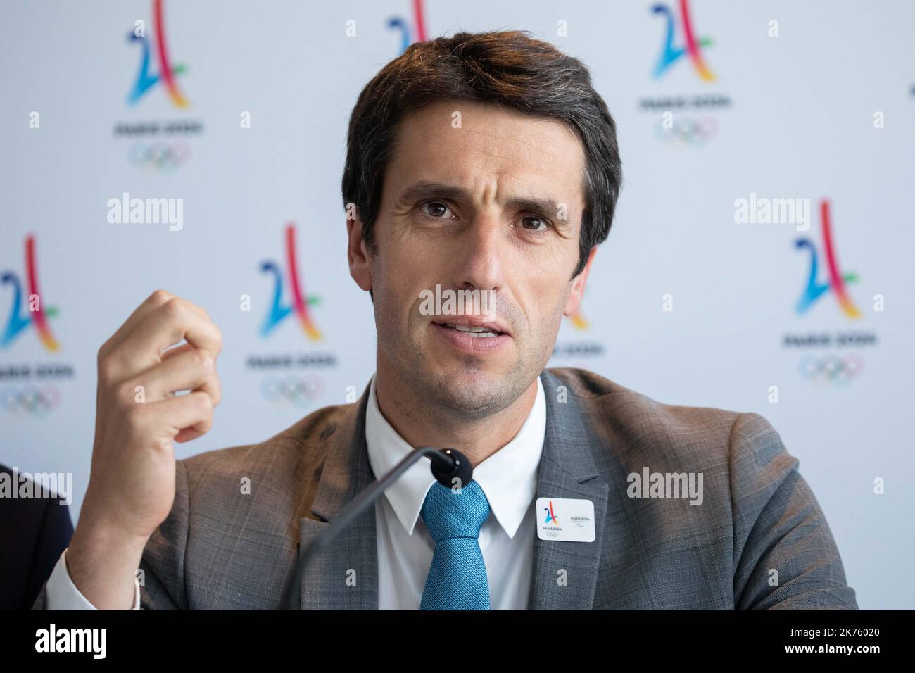 Conferenza stampa per prendere posizione sull'organizzazione dei Giochi olimpici a Parigi nel 2024, in occasione della visita della commissione di coordinamento del CIO. Alla presenza di Tony Estanguet Presidente di Parigi 2024, a Parigi, il 18 giugno 2018. Foto Stock