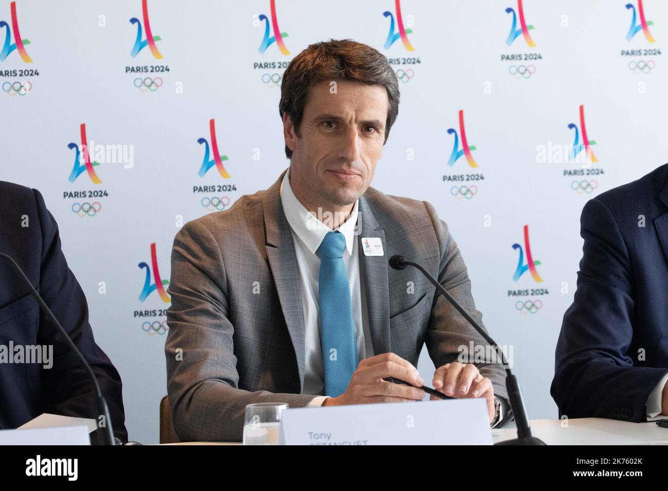Conferenza stampa per prendere posizione sull'organizzazione dei Giochi olimpici a Parigi nel 2024, in occasione della visita della commissione di coordinamento del CIO. Alla presenza di Tony Estanguet Presidente di Parigi 2024, a Parigi, il 18 giugno 2018. Foto Stock