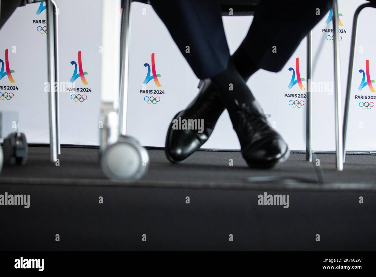 Conferenza stampa per prendere posizione sull'organizzazione dei Giochi olimpici a Parigi nel 2024, in occasione della visita della commissione di coordinamento del CIO, a Parigi, il 18 giugno 2018. Foto Stock