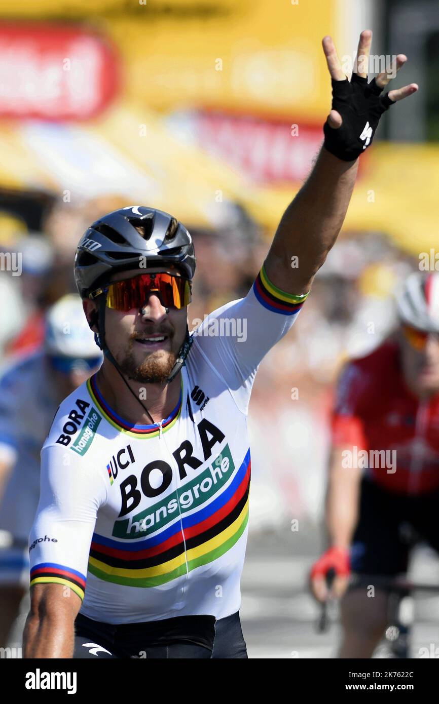 Le coureur slovaque Peter SAGAN remporte l'arrivée au sprint devant l'italien Sonny COLBRELLI et le francais Arnaud DEMARE Foto Stock