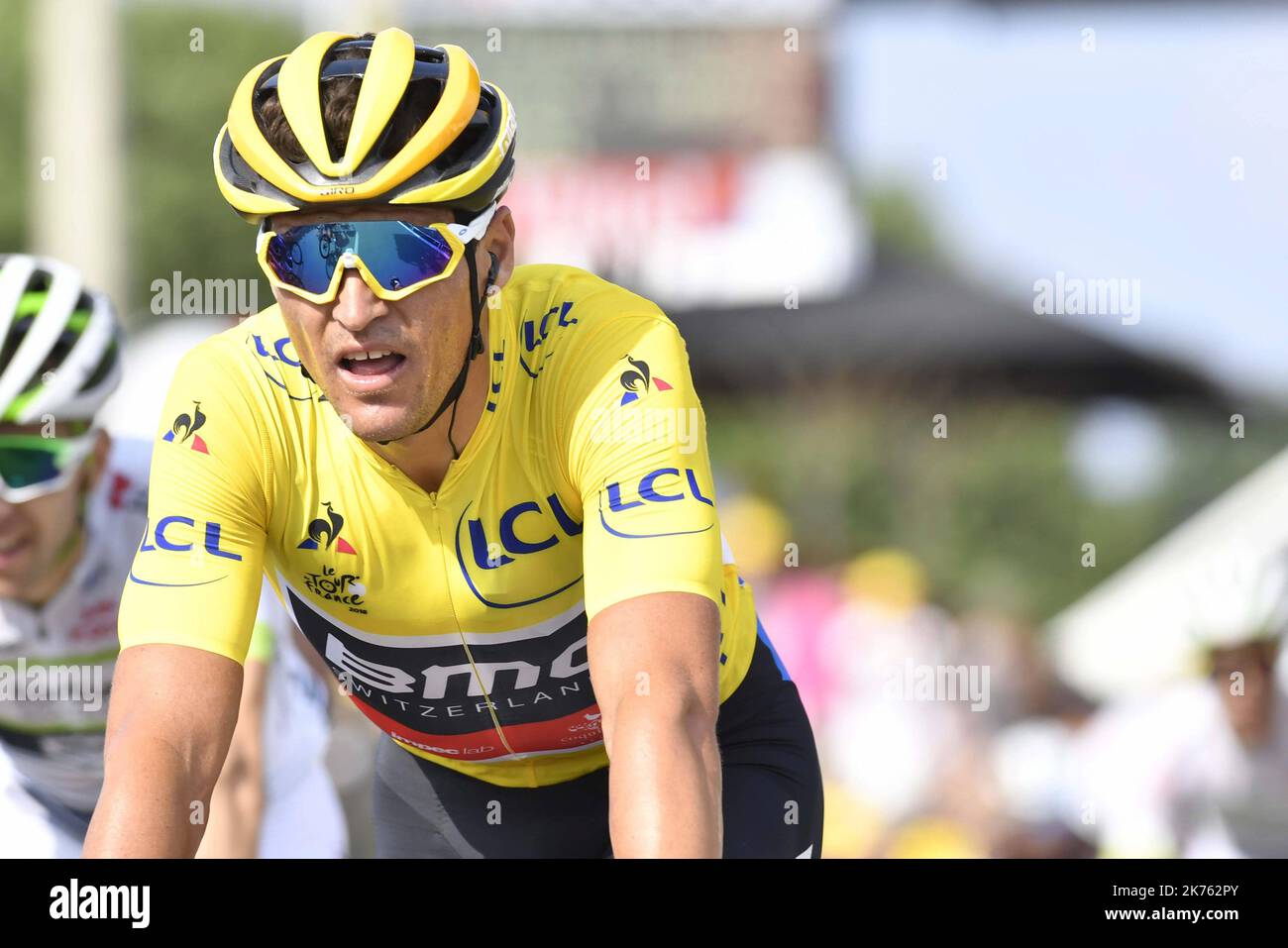 Greg Van Avermaet (maillot jaune) passò la ligne d'Arrivée Foto Stock