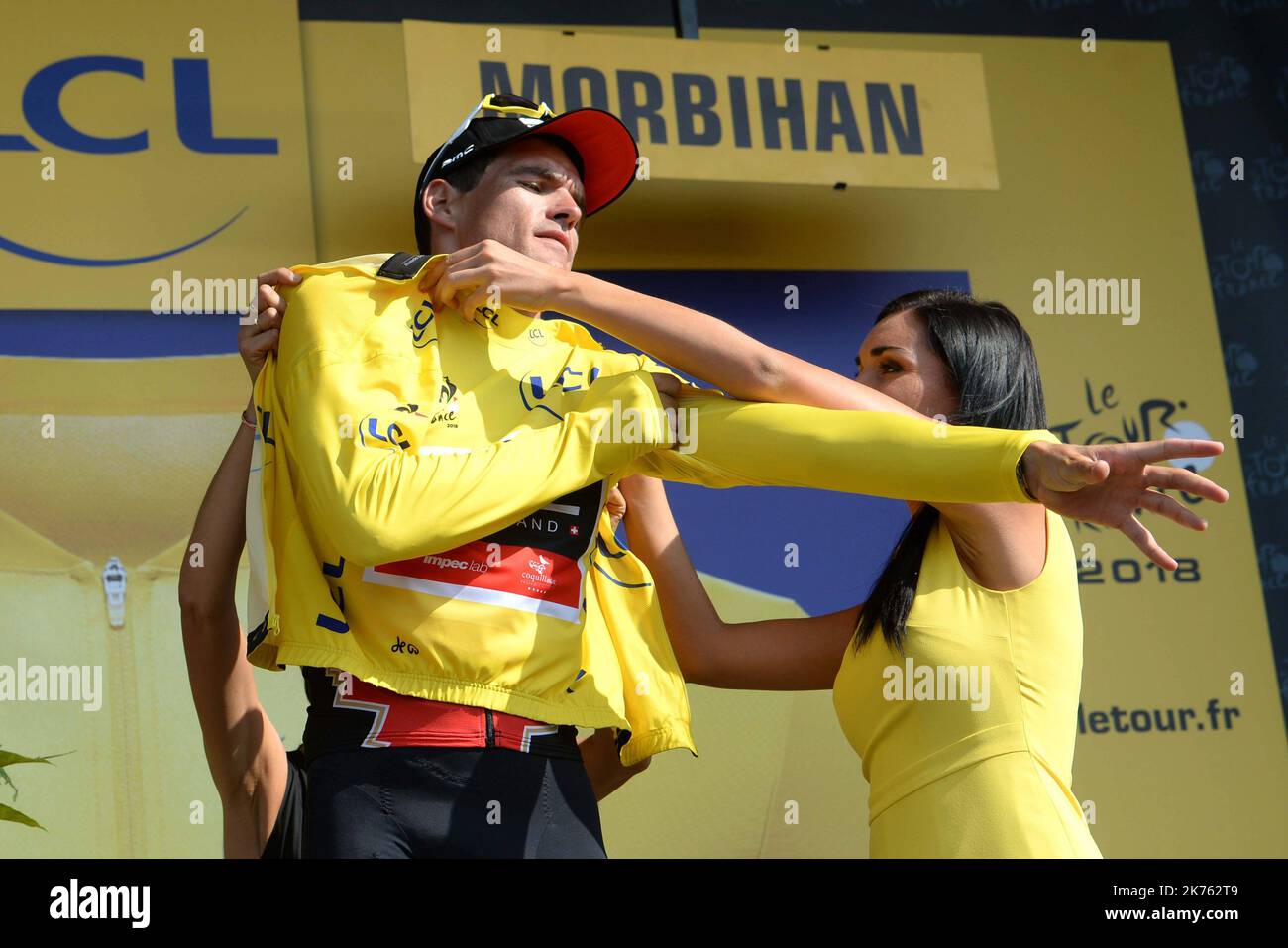 Greg Van Avermaet (BMC) conserva figlio maillot jaune Foto Stock