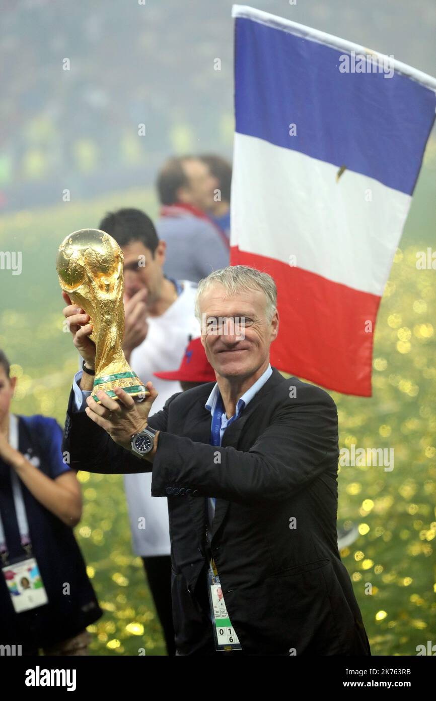 Finale de la coupé du Monde de football Russie 2018 au stade Loujniki à Moscou. 15/07/2018. Francia - Croatie Didier Deschamps la scuderia francese, campione del mondo dopo aver sconfitto la Croazia in finale Foto Stock