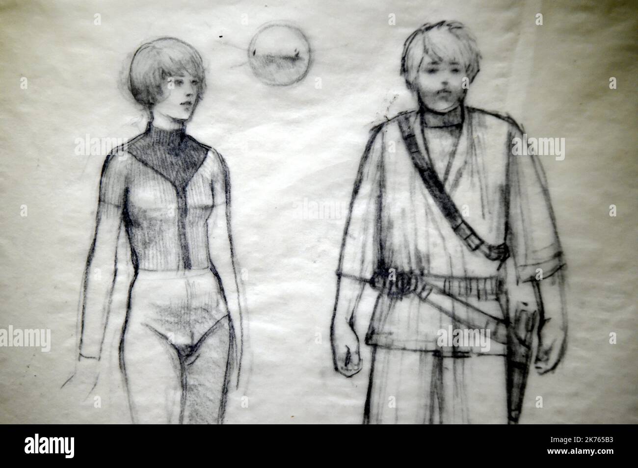 Disegno concettuale di Luke SKYWALKER dove, tra la seconda e la terza bozza di Star Wars, Georges Lucas considerava la sostituzione di Luke con un personaggio femminile della principessa. Infine, manterrà i due personaggi, Luk e Leia, per fare gemelli. Foto Stock