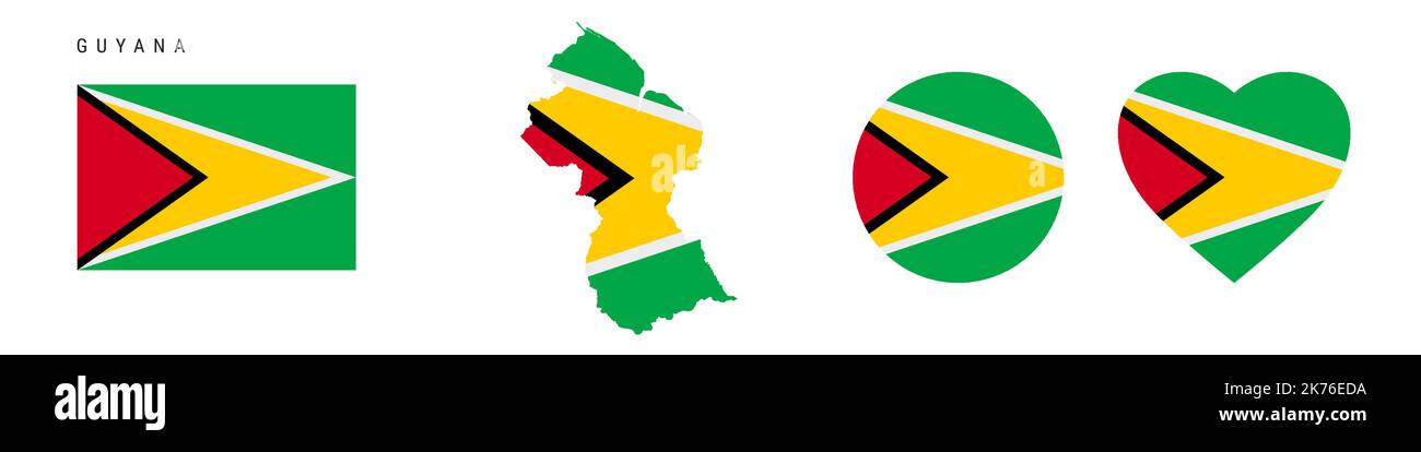 Icona flag Guyana impostata. Pennant Guyanese nei colori e nelle proporzioni ufficiali. Rettangolare, a forma di mappa, circolare e a forma di cuore. Illustrazione del vettore piatto Illustrazione Vettoriale