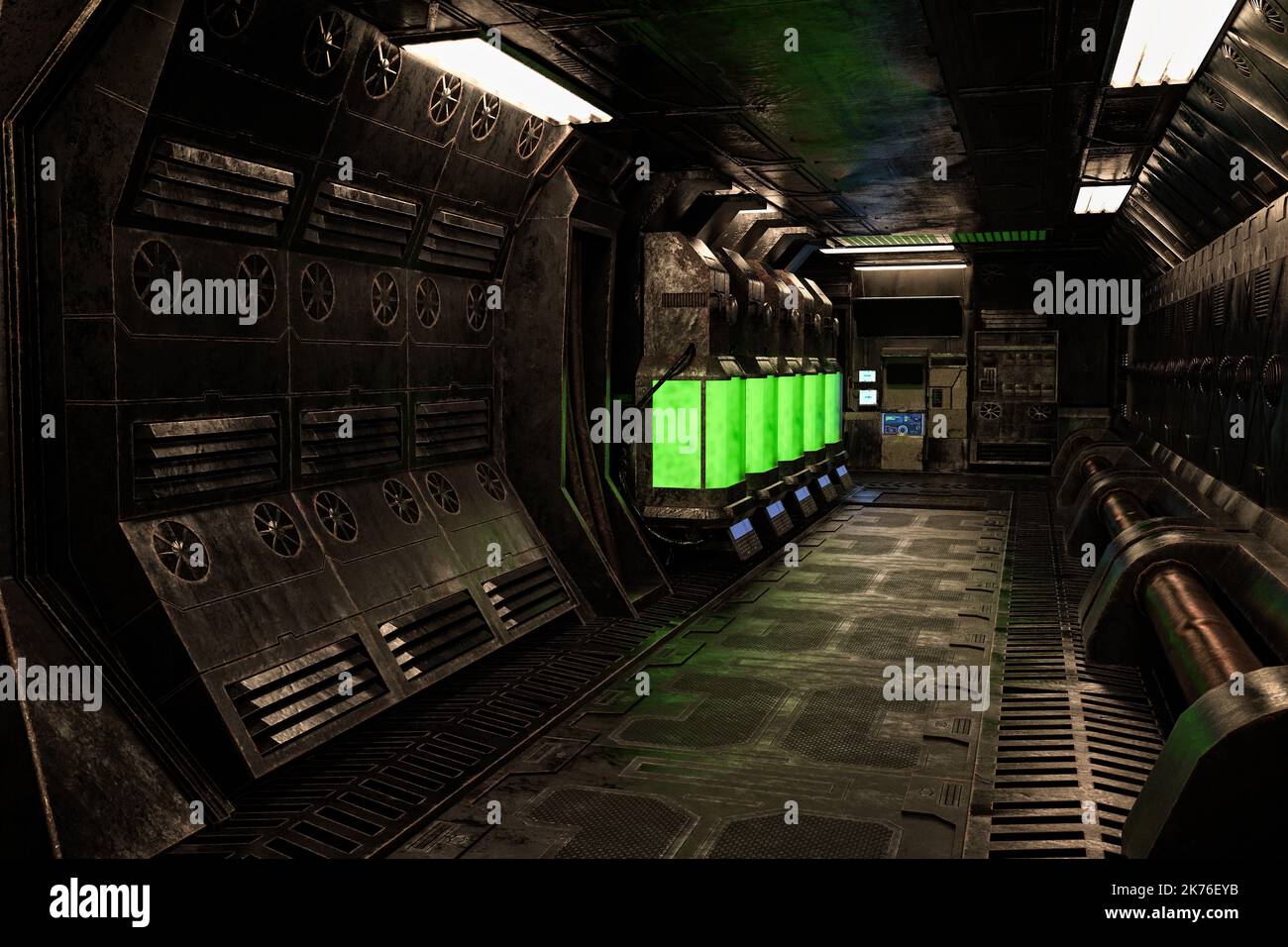 Scuro moody vecchia nave spaziale aliena o stazione corridoio interno. Illustrazione 3D. Foto Stock