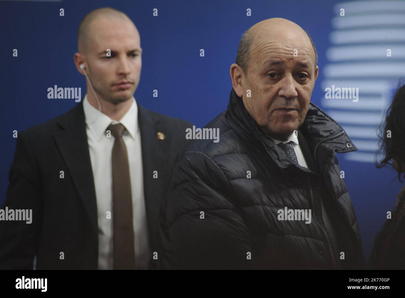 Arrivo e intervento davanti ai giornalisti di Jean-Yves LE DRIAN, ministro degli Affari Esteri francese. Foto Stock