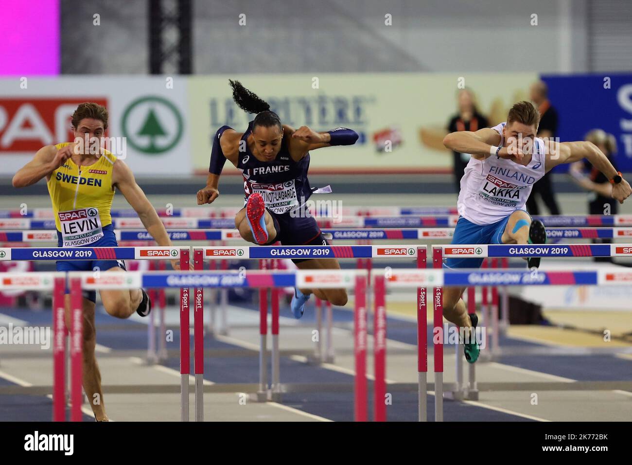 Anton Levin di Svezia, Pascal Martinot - Lagarde ed Elmo Lakka di Finlandia 60 m Hurdles ound 1 Heat 4 durante i Campionati europei di atletica al coperto Glasgow 2019 il 2 marzo 2019 all'Emirates Arena di Glasgow, Scozia - Foto Laurent Lairys / MAXPPP Foto Stock