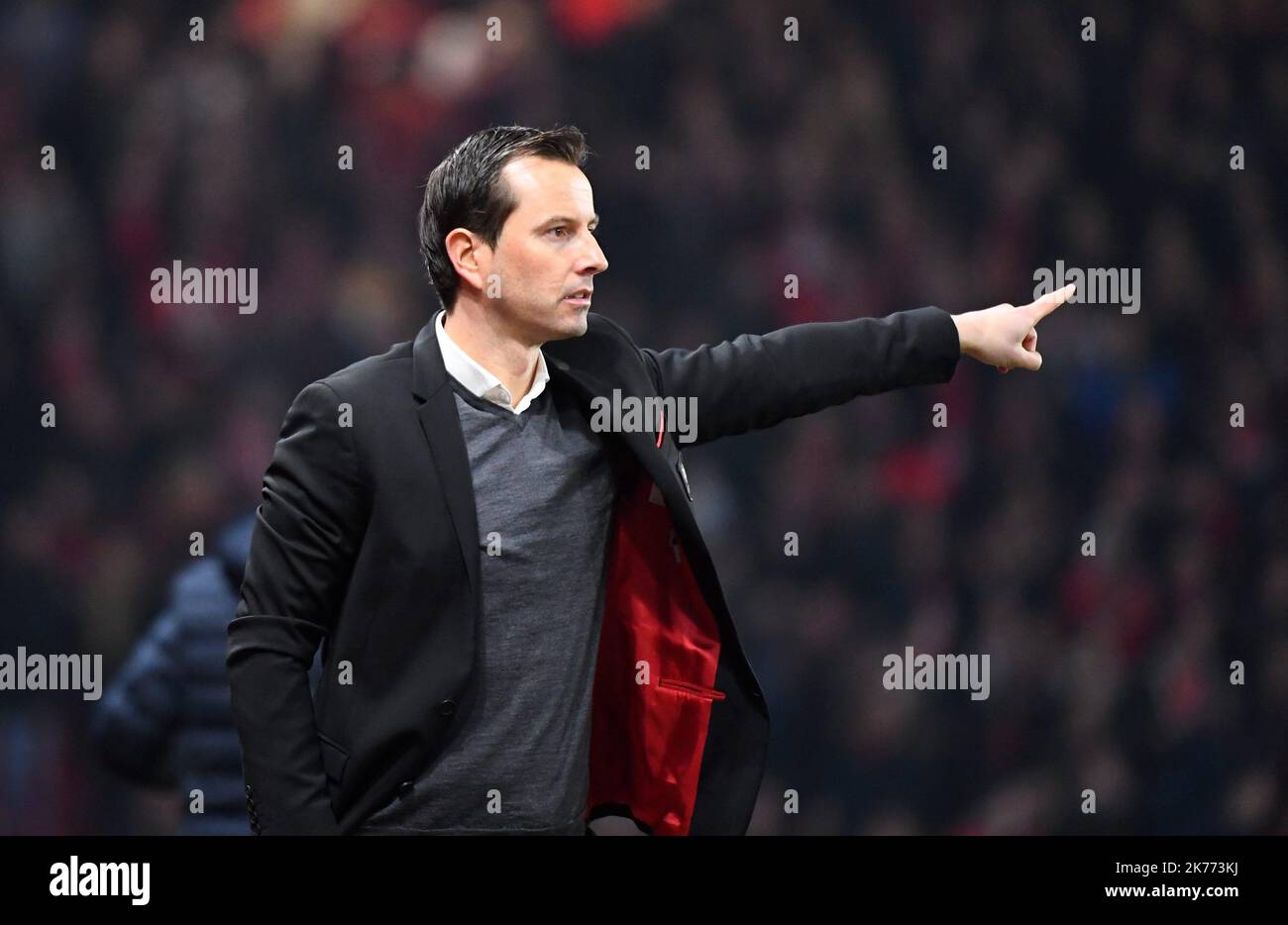 Azione tra Rennes e Arsenal nell'UEGA Europa League Round del 15, prima tappa nello stadio Stade de la Route de Lorient il 7 marzo 2019. Foto Stock