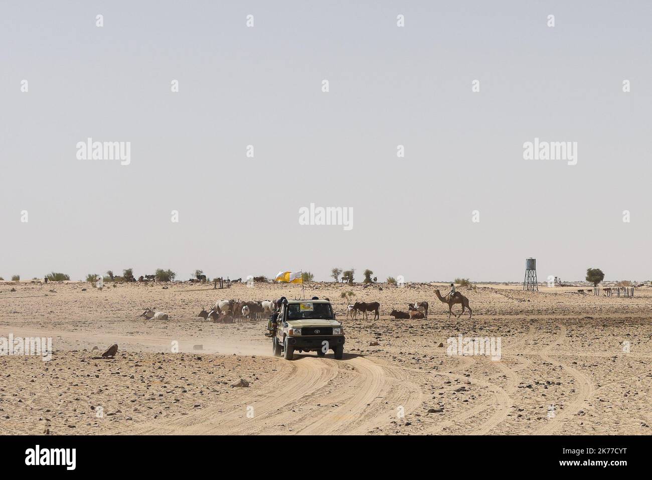 Anche i veicoli dell'HCUA (High Council for the Azawad Unit) sono venuti a proteggere l'area. A Koygouma (distretto di Goundam, comune di Gargando) nella regione di Timbuktu, l'HCUA, membro del CMA (coordinamento del movimento di Azawad) è molto presente. Questo gruppo ribelle, firmatario degli accordi di pace di Algeri, composto per lo più da dissidenti di Ansar Dine, viene spesso criticato per il suo "doppio gioco" con i jihadisti di Ansar Dine e per la sua vicinanza a Iyad AG Ghali. Foto Stock